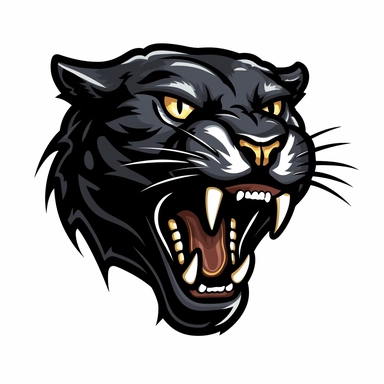 2d, flat, sports team logo style, clipart, front of face, panther, black with teeth, white background, no highlights, not a tiger
