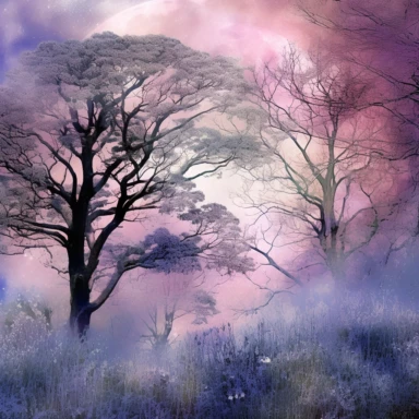 Watercolour wildflowers, trees in the forest, moon in background, lilac blue and purple colors, beautiful details, ultra detailed, ultra photo real intricate detailed, high definition, graphic clipart, hyper realistic, detailed, fog in background