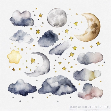clouds, moon,stars, watercolor,all white background, clipart
