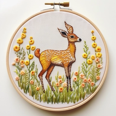 Hand embroidered deer clipart on a flat white background 2, standing on the grass, It is surrounded by small yellow and red flowers In the shape of a circle,