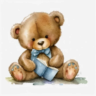 A charming watercolor clipart of a cute Teddy Bear on a pristine white background, featuring high-quality details and rendered in ultra-high definition (UHD), depicting the bear sitting cross-legged with a book in its lap, engrossed in reading, evoking a sense of curiosity and intellectual exploration, Artwork, UHD watercolor painting on paper,
