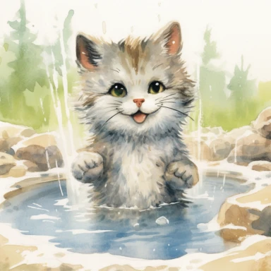 watercolor illustration, smiling with an open mouth kitten with a towel over the kitten's head and enjoying a hot spring, surrounded by gentle steam rising from the onsen water, feeling the pleasant sensation. Small bubbles dance through its fur, creating a mysterious yet beautiful sight. The cat stretches out, gradually unwinding, as the warmth of the onsen melts away the tension in its muscles. It gracefully savors the serene atmosphere and the gentle touch of nature, embracing the tranquility