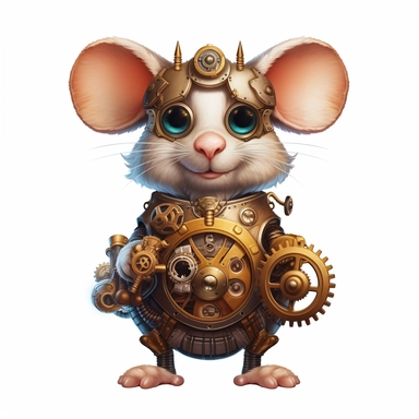 friendly mouse with big cute eyes, standing up, in the style of steampunk, clipart, white background, lots of cogs