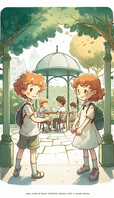 at opposite ends of a table in a small pavilion in the park, discussing Children's Day activities.Beautiful flower beds and lush trees, sunlight filtering through branches casting dappled shadows, sounds of children's laughter and birds singing happily, relaxed and pleasant atmosphere.illustration for book, children's book, multiple positions,manga style,Watercolor Clipart, strybk, full Illustration, 4k, sharp focus, watercolor, smooth soft skin, symmetrical, soft lighting, detailed face, concep