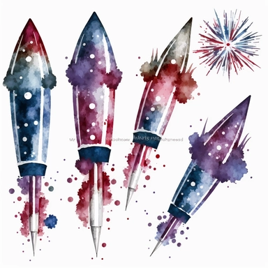 bundle of firework rockets 4th of july, watercolor, clip art, white background