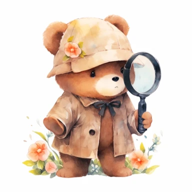 watercolor clipart painting of a cute baby brown bear who is a secret agent spy, clipart