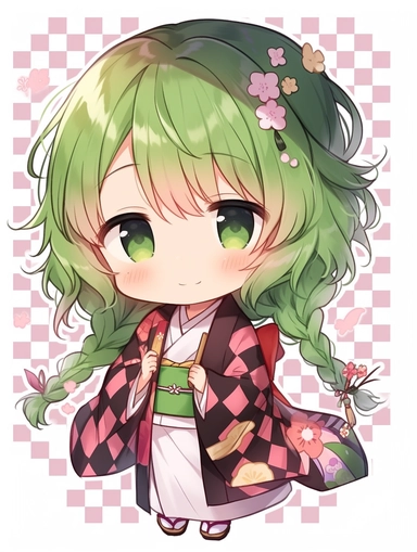 cute anime chibi girl, chic style, green hair, upbeat personality, happy, clipart, no background, no lighting