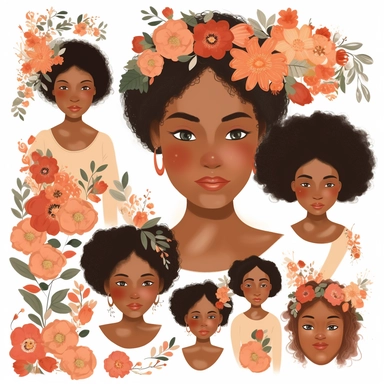 animated clipart bundle african american mother concepts, clipart bundle with beautiful flowers, beautiful faces, beautiful eyes and differential body types and skin tones, harlem Renaissance, Mother's Day White background