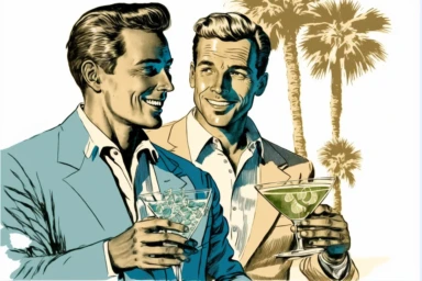 letraset clipart of 2 handsome 40 year old men drinking martinis in palm springs, 1960's, happy, laughing, palm trees, mid century building, pool