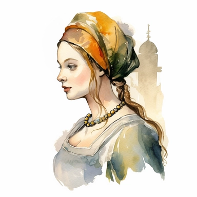 Imagine a watercolor clipart that captures the charm and elegance of a medieval young lady of high nobility. In this prompt, the view will be a side view, emphasizing her facial features and upper body. The young lady will be adorned in a beautifully crafted gown that signifies her noble status. The watercolor medium will bring out the rich textures and intricate details of the fabric, highlighting its opulence. The colors chosen will reflect the period, such as deep blues, rich purples, or eart
