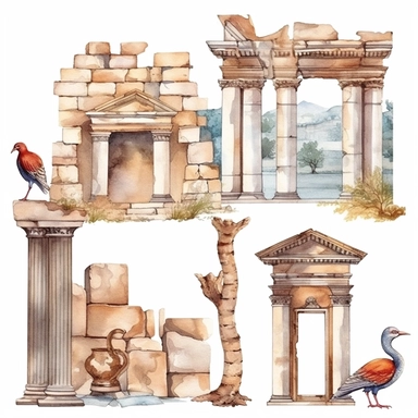 watercolor turkey ephesus ruins, illustrations clipart set, simple, , cartoon elements ,different variants ,marble elements, separate elements with a margin