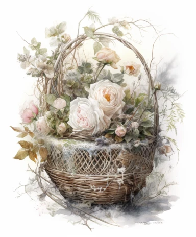 isolated on white illustration watercolor art of a white basket, overgrown with white and light pink roses and flowers, covered with snow and ice, a lot of moss and branches, lace and embroidery, masterpiece by Tomasz Alen Kopera style and by Carl Holsoe style and by James C. Christensen style and by Alexander Jansson style, Baroque Architecture, PNG clipart, isolated on white, white background, extreme photorealistic details, 32k HD resolution, realistic high detailization high resolution
