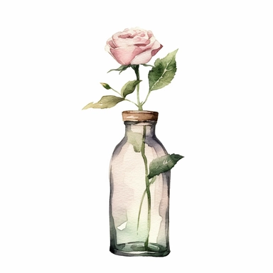 Craft a dreamy watercolor clipart of a rose in a simple bud vase or a sleek glass cylinder composition, using a muted and vintage-inspired color palette of dusty pinks and earthy greens. Infuse the artistic style of Vintage Blooms Watercolors for a nostalgic and timeless depiction. isolated on a white background, 8k uhd,