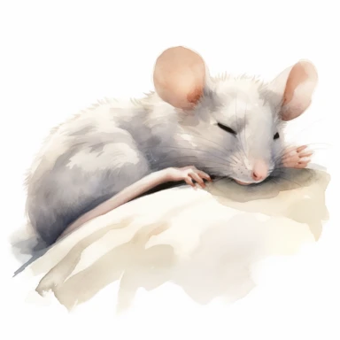 clipart vector image with plain white background of a watercolor painting of a grey mouse laying down curled up sleeping in a tiny bed. extremely detailed.