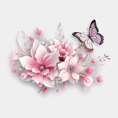 3D exceptionally beautiful pink flowers and butterflies in 3D, clipart white background