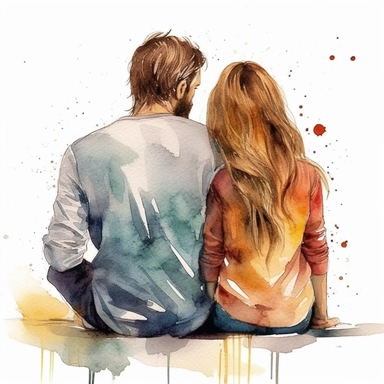 fathers day, father and family, mother and son, long hair, sitting, back view,beautiful cloths, beautiful, loving, watercolor clipart