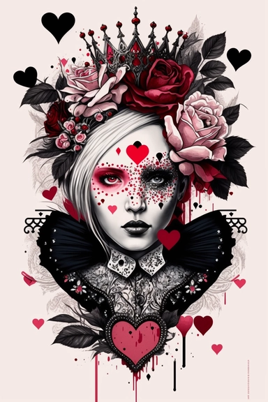 <https://s.mj.run/9tV4APT6Ydk> macro shot, haute couture dolce & gabbana illustration clipart of gothic Alice in Wonderland evil queen of hearts with black diamonds and flowers, pink color palette, white background,