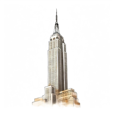 Empire state building in the style of delicate minimalistic illustration, sparse and simple bright watercolor, mostly blank, dotted, plenty of white space, low view, 8k, high resolution, hyper quality, separate element, clipart, white background