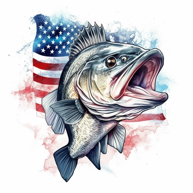 A Bass fish, the american flag with a vintage art style, evoking a patriotic and nostalgic mood, illuminated by bright and bold lighting, T - shirt design graphic, vector, contour, white background style by Lucy Fleming, watercolor, smooth gradients, black contour outline, ultra detailed, clipart elements, delicate pastel colors, solid white background, super clear, high quality