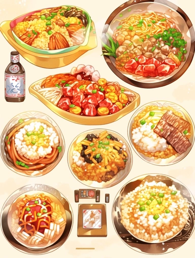 chinese clipart oriental stew chinese fried rice chinese chinese food，in the style of eclectic collages, ink wash, panasonic lumix s pro 50mm f/1.4, realistic and hyper-detailed renderings, full body, colorful drawings, neo-geo