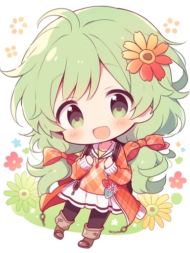 cute anime chibi girl, nature style, green hair, upbeat attitude, clipart, no background