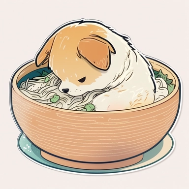 dog sticker kobek aian noodle in bowl of soup, in the style of anime aesthetic, rtx on, fawncore, oshare kei, quadratura, light amber and white, wrapped, sticker, clipart