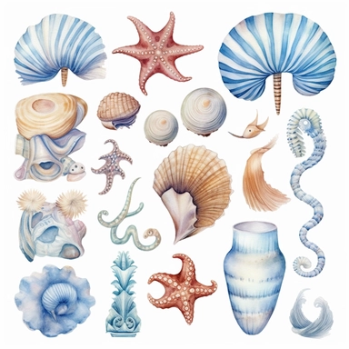 the beach blue waves has heart, couple, snails, starfish..., Watercolor Clipart, details
