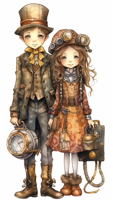 watercolor steampunk girl entire body and steampunk boy entire body with a steampunk suitcase by her side and holding a cute steampunk doll in her arms, illustration clipart by holly hobbie and mary engelbreit