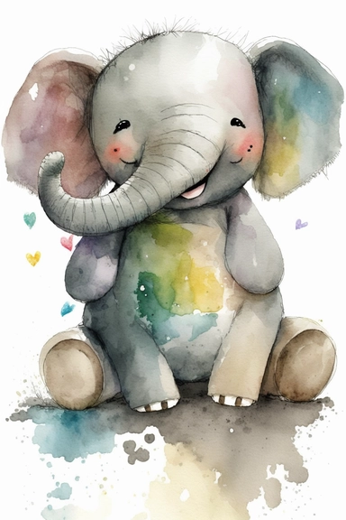 a cuddly toy Elephant , happy and smiling, watercolor, clipart, Illustration, painting, pastel colors, white background, subject centered in image