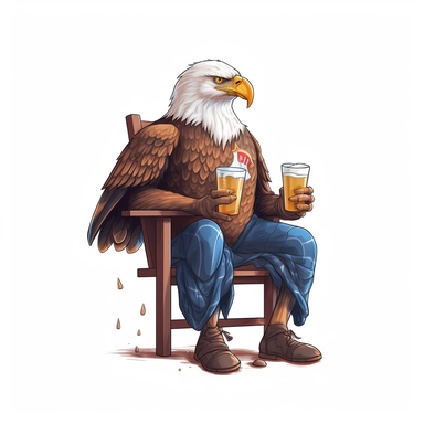 bald eagle sitting in a chair while holding a beer, cartoon style, clip art, white background