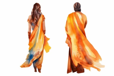 hindu groom and bride in love watercolor clipart illustration back view on a white background
