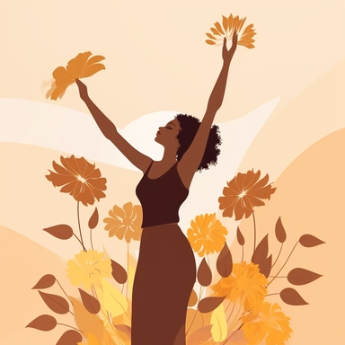 create a clipart aesthetic minimalist woman reaching a goal brown and light yellow shadows with flowers