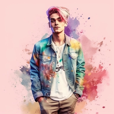 idyllic young man multicolor hair, fashion model, looking in the camera, eye contact, full body, fairytale dreamlike, clipart with watercolor splash background, with transparent background, hyper realistic, professional photography, super detailed
