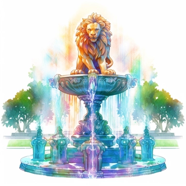 A holographic fountain with lions as its base is depicted in a watercolor clipart style, highlighting the incredible and breathtaking nature of the scene. The fountain is bathed in natural light, with the sun casting a warm glow on the holographic display. The colors used in the design are eye-popping and outstanding, with a range of hues including blues, greens, and oranges that capture the viewer's attention. The composition is set to capture the best view of the fountain and the lions as its 