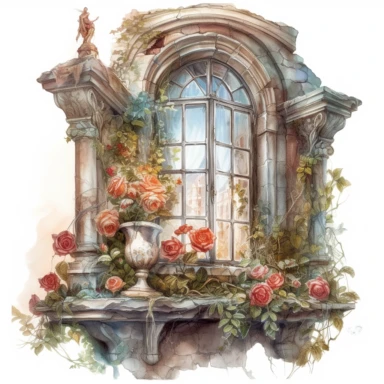 watercolor mixed media masterpiece beautiful royal white old ruined window, richly decorated with roses, pots with flowers, castle, shabby shic style, by Ivan Fedorovich Choultse style and by Rodney Matthews style and by Vladimir Kush style, Baroque style, PNG clipart, isolated on white, extreme photorealistic details, 32k HD resolution, realistic high detailization high resolution