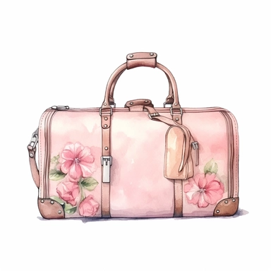 hand drawn , watercolor, hyper realistic, white background, white margins, 16k, ultra detailed clipart, cut out image, hand-drawn, ultra HD, sharp and clean art a vintage travel bag with delicate floral , capturing the romantic and feminine aesthetics often associated with vintage fashion and travel. light pink pastel