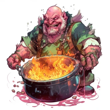 snarling attacking punk leader badass ogre chef cook boss with a bubbling cauldron, Josh Kirby Mad Max Lord of the Rings, handpainted enamel punk zine indie retrowave, clipart illustration full body character art, circular frame background