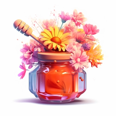 a clipart of a honey jar accompanied by a wooden dipper and a bouquet of flowers. You can arrange the flowers around the jar and show the dipper inside it. white background, holographic, futuristic, transparent details, chromatic aberration, colorized, diffraction grading , 4k, 8k, highly detailed, neon pastel color palette, retrofuturpunk, scattering, black and white balance, editorial photography, moody lighting, shaders, looks like professional hdr photography in fashion magazine, lumen refle