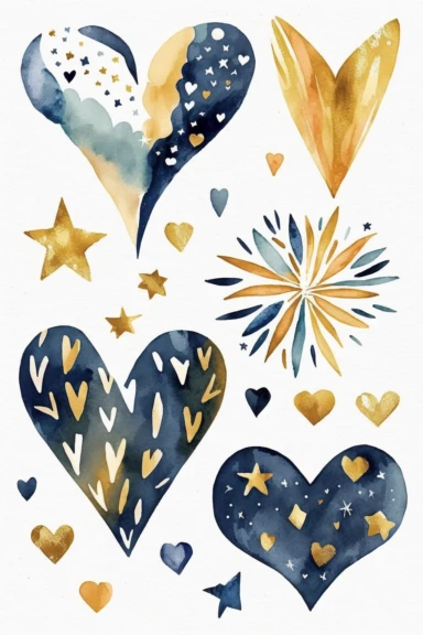 collection of clipart, hearts and stars theme, two big hearts and four big stars, modern watercolor. by mary blair. white background, navy blue, golden,