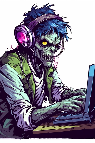 A cute zombie playing games at the computer, wearing headphones, playstation, very vibrant colors, cartoon style, white background, clipart, colorful, HD