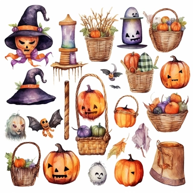 Watercolor halloween themed, illustrations clipart set, simple, christmas colors , cartoon elements,pumpkins, broom, witch hat, skeletons, baskets full of candy, candies, bats, lanterns different variants , separate elements with a margin