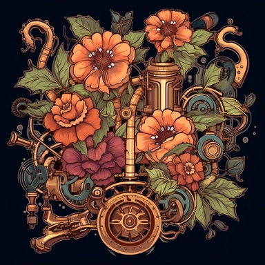 Create a captivating set of steampunk floral arrangements clipart that combines the enchanting elements of Victorian aesthetics with the futuristic allure of steampunk culture. Utilize digital illustration as the artistic medium to bring these unique compositions to life. Draw inspiration from steampunk genres, referencing the works of authors like Jules Verne and incorporating iconic steampunk imagery such as gears, clockwork mechanisms, and intricate metalwork. Embrace a vibrant color palette 