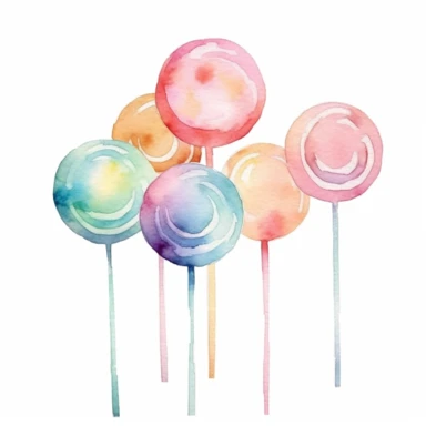 watercolour, lollipop, soft and muted pastel nuances, clipart, high quality details, white background, 8k, f1