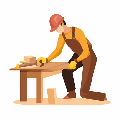 vector design, image the builder works with tools, flat illustration, clipart, white background, soft gradient transition, in the style of warm color palette, natural pastel colors,in yellow and brown and light burgundy colors, uniformly staged images, editorial illustrations