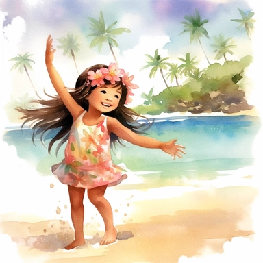 watercolour, beautiful soft colours, tropical island setting, showcase an adorable little Hawaiian girl doing the hula on the beach with her family, she feeling is happy, celebration, they are all wearing flowers in their hair, beautiful clipart style