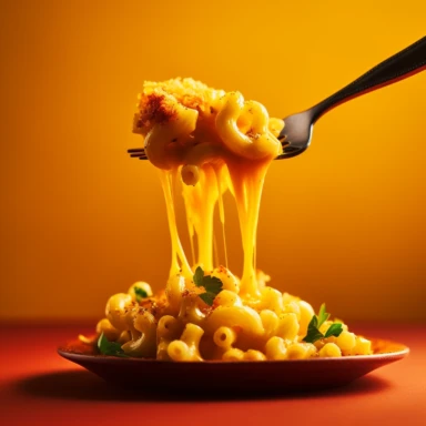 photography of a fork holding mac and cheese with lots of cheese, food photography style, yellow background, cinematic lighting, studio photoshoot