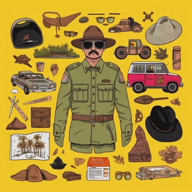 a set of clipart inspired by Wes Anderson and Raiders of the Lost Ark and travel and colonialism and stolen cultural relics and 1980s action figures