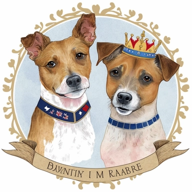 Pastel watercolour clipart svg white background of 2 smiling happy Jack Russell terrier dogs. 1st dog is brown an black fur the 2nd is light brown both are smiling, both wearing a large gold King crown on heads, place each dog face in thick shinny gold ornate frame made from gold leaves, both dogs are wearing a colourful vibrant red an blue union jack dog collar, a personlised banner at the bottom to write someone's name on.