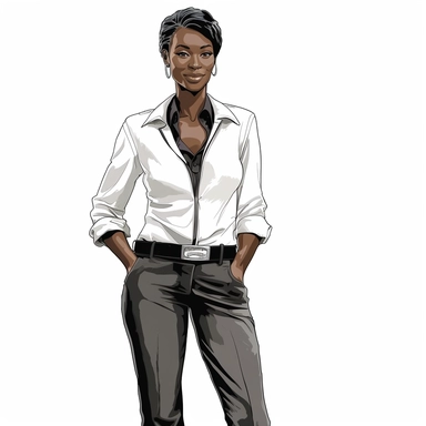 beautiful black woman truck driver, dressed in a business suite, detailed, white background, clipart