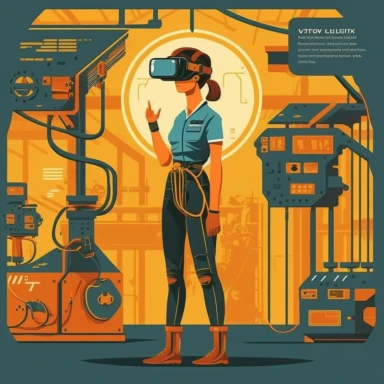 worker wearing vr headset, man, standing in an assembly plant, gauges, coding, vr developer, virtual reality, poster, simplistic, abstract, vector, 2d illustration, clipart, few colors